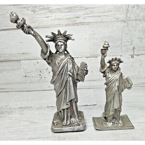 2 Vintage Pewter Statue of Liberty New York City Souvenir Figurines 2.5" & 3.5"